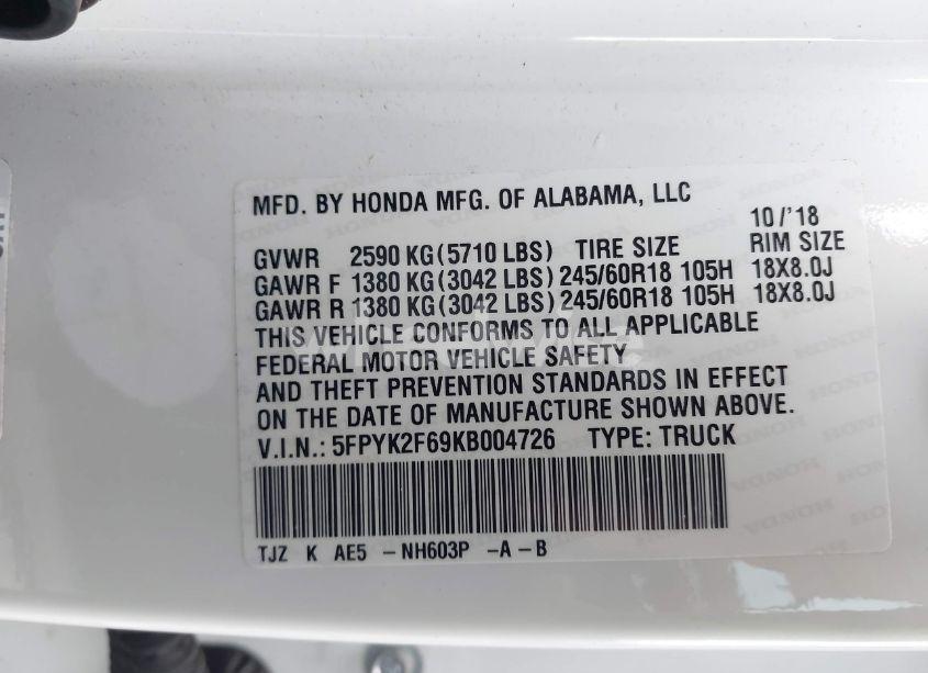 Photo 9 of 2019 Honda Ridgeline RTL-T (VIN 5FPYK2F69KB004726)