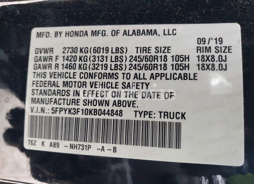 Photo 9 of 2019 Honda Ridgeline SPORT (VIN 5FPYK3F10KB044848)