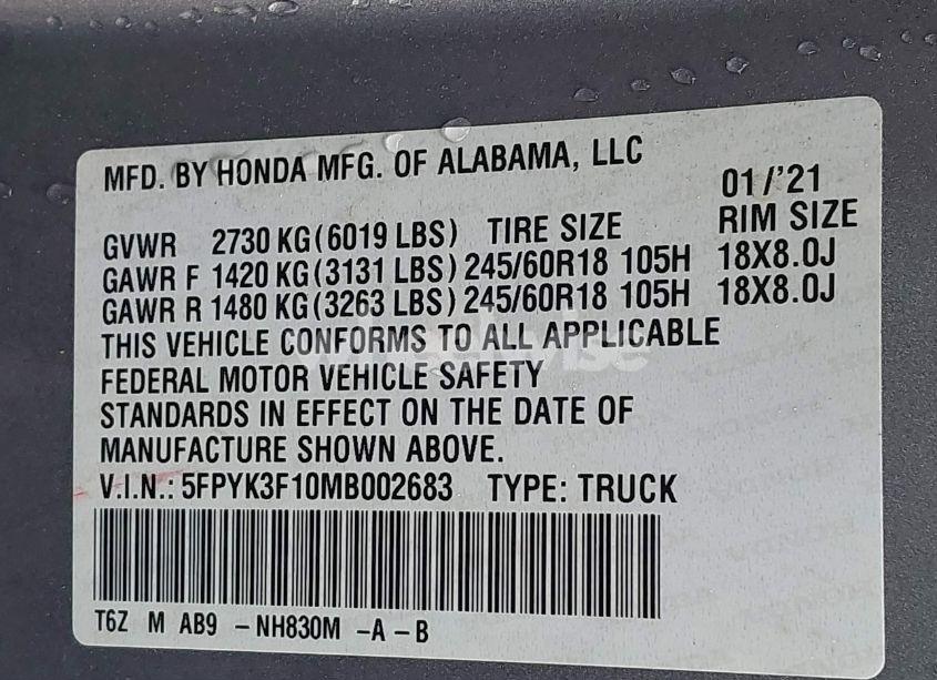 Photo 9 of 2021 Honda Ridgeline AWD SPORT (VIN 5FPYK3F10MB002683)