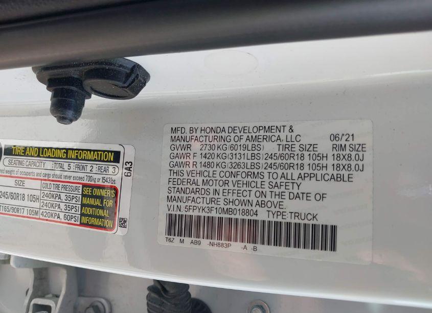 Photo 9 of 2021 Honda Ridgeline AWD SPORT (VIN 5FPYK3F10MB018804)