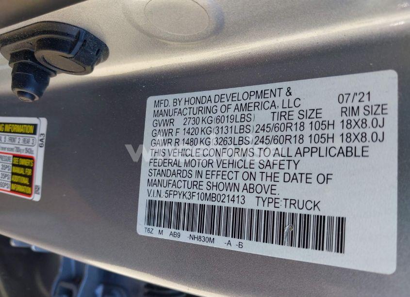 Photo 9 of 2021 Honda Ridgeline AWD SPORT (VIN 5FPYK3F10MB021413)