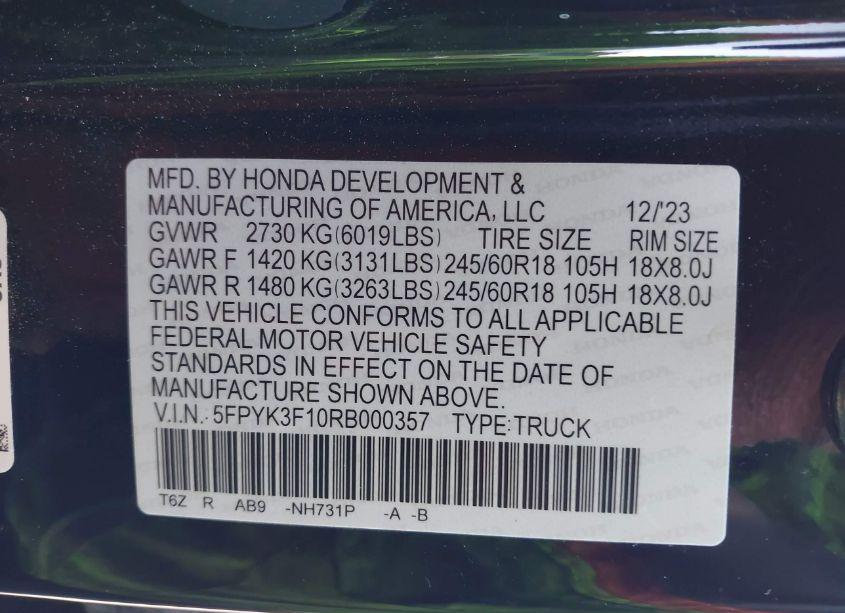 Photo 9 of 2024 Honda Ridgeline SPORT (VIN 5FPYK3F10RB000357)