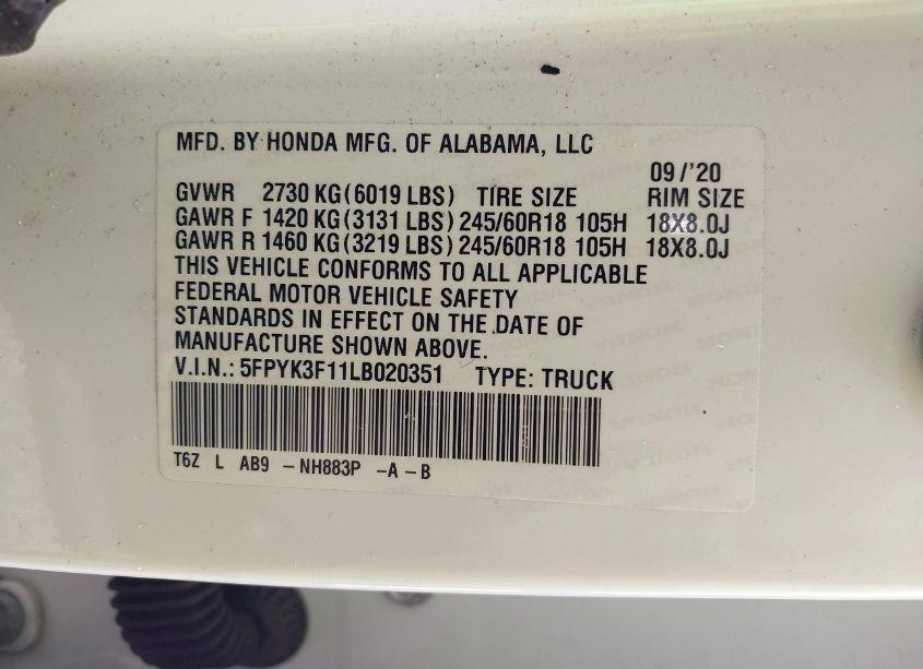 Photo 9 of 2020 Honda Ridgeline AWD SPORT (VIN 5FPYK3F11LB020351)