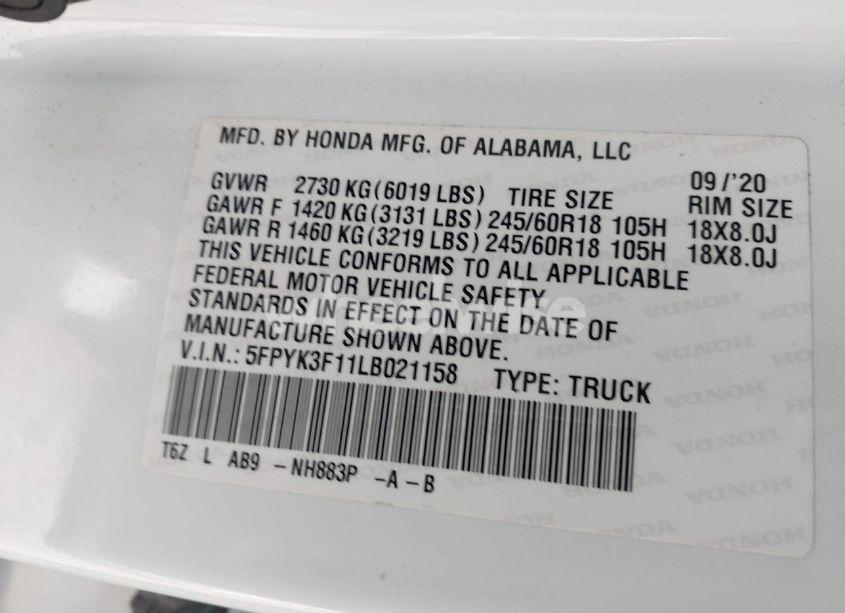 Photo 9 of 2020 Honda Ridgeline AWD SPORT (VIN 5FPYK3F11LB021158)