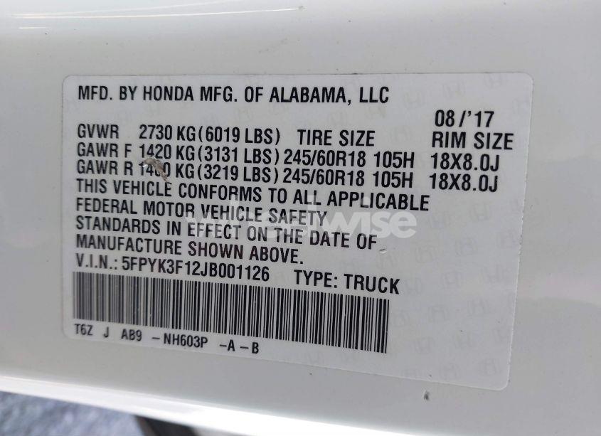 Photo 9 of 2018 Honda Ridgeline SPORT (VIN 5FPYK3F12JB001126)