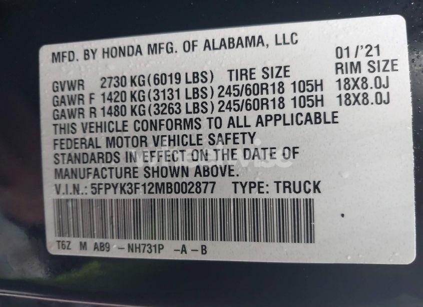 Photo 9 of 2021 Honda Ridgeline AWD SPORT (VIN 5FPYK3F12MB002877)