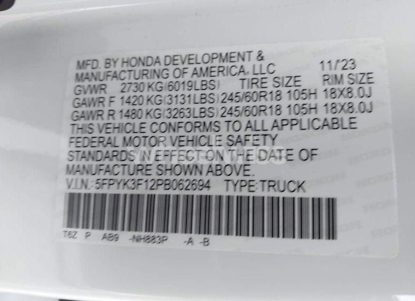 Photo 9 of 2023 Honda Ridgeline SPORT (VIN 5FPYK3F12PB062694)