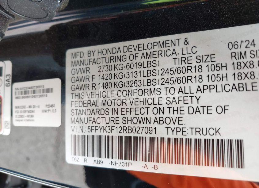 Photo 9 of 2024 Honda Ridgeline SPORT (VIN 5FPYK3F12RB027091)