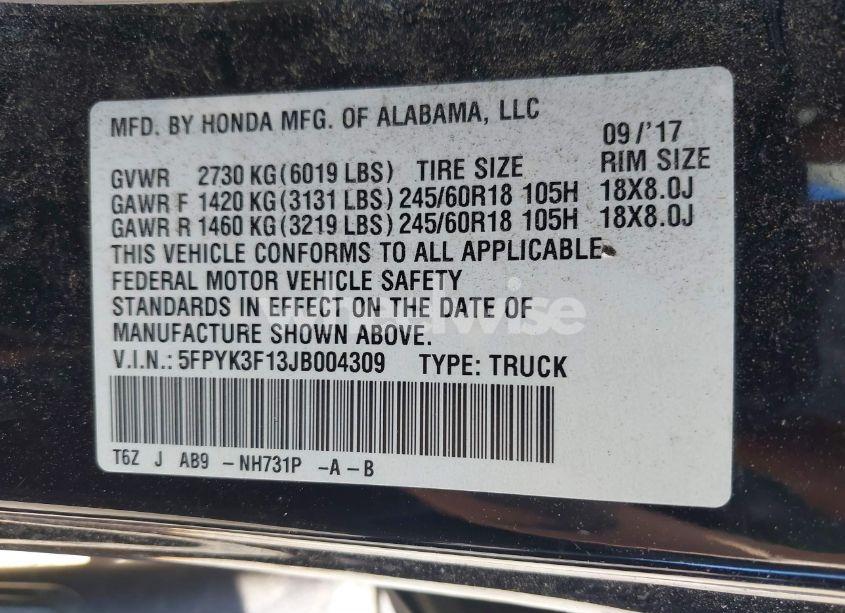 Photo 9 of 2018 Honda Ridgeline SPORT (VIN 5FPYK3F13JB004309)