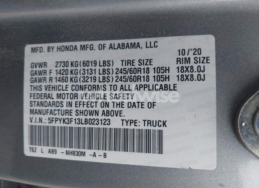 Photo 9 of 2020 Honda Ridgeline AWD SPORT (VIN 5FPYK3F13LB023123)