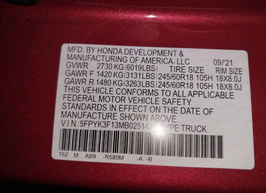 Photo 9 of 2021 Honda Ridgeline AWD SPORT (VIN 5FPYK3F13MB025147)