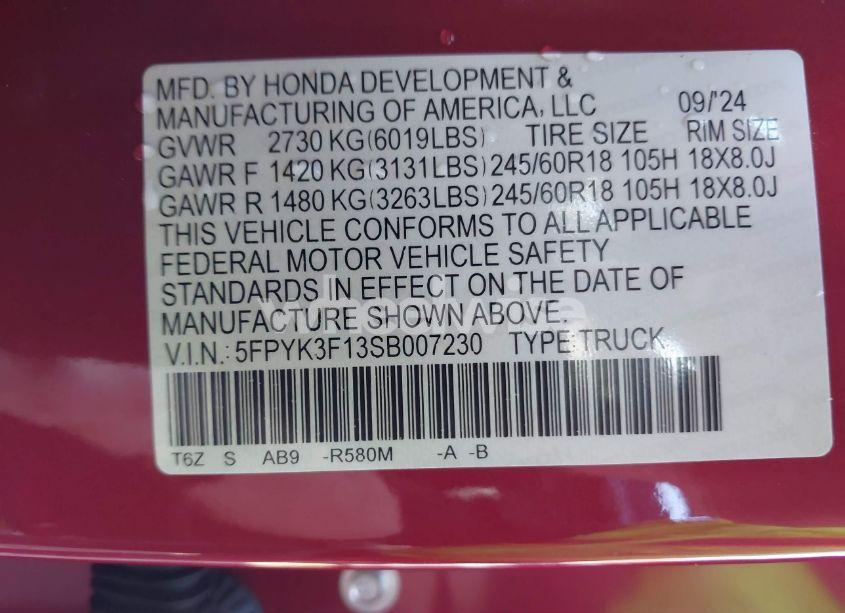 Photo 9 of 2025 Honda Ridgeline SPORT (VIN 5FPYK3F13SB007230)