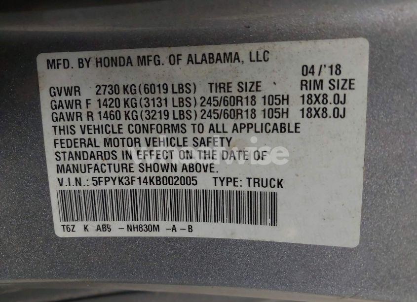 Photo 9 of 2019 Honda Ridgeline SPORT (VIN 5FPYK3F14KB002005)