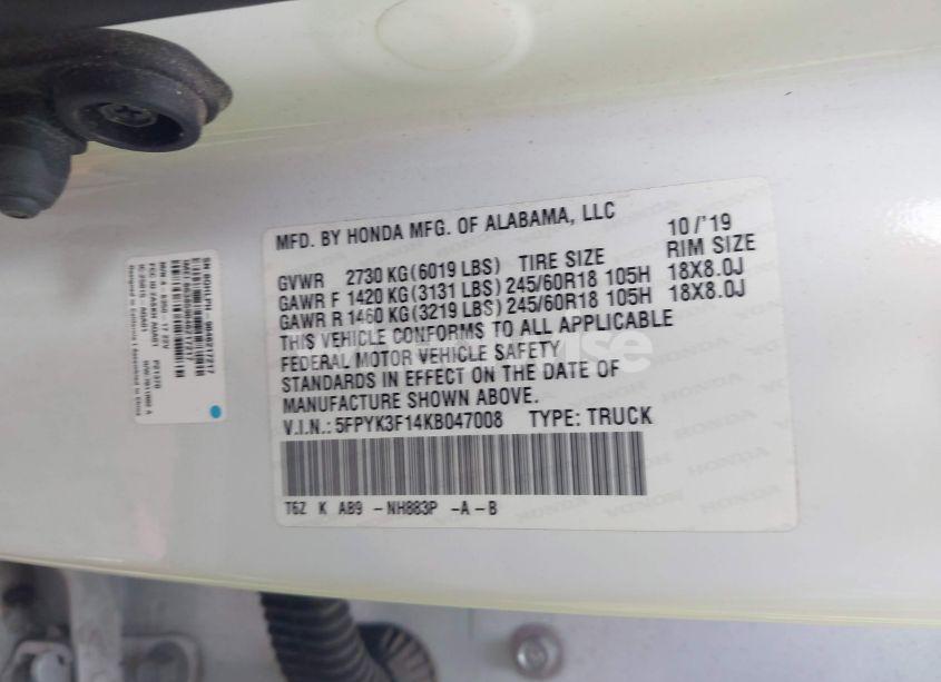 Photo 9 of 2019 Honda Ridgeline SPORT (VIN 5FPYK3F14KB047008)