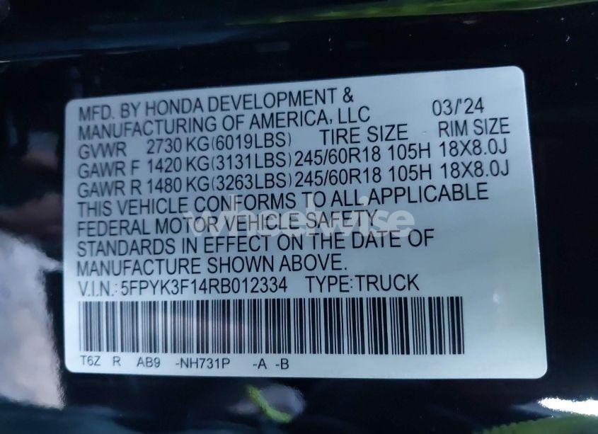 Photo 9 of 2024 Honda Ridgeline SPORT (VIN 5FPYK3F14RB012334)