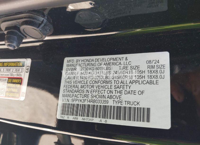 Photo 9 of 2024 Honda Ridgeline SPORT (VIN 5FPYK3F14RB033359)