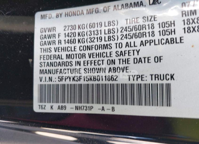 Photo 9 of 2019 Honda Ridgeline SPORT (VIN 5FPYK3F15KB011862)