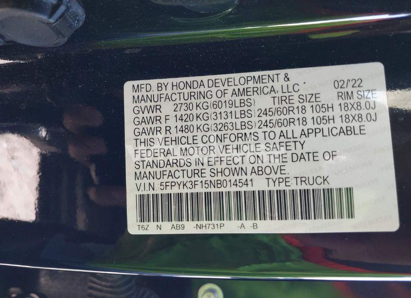 Photo 9 of 2022 Honda Ridgeline SPORT (VIN 5FPYK3F15NB014541)