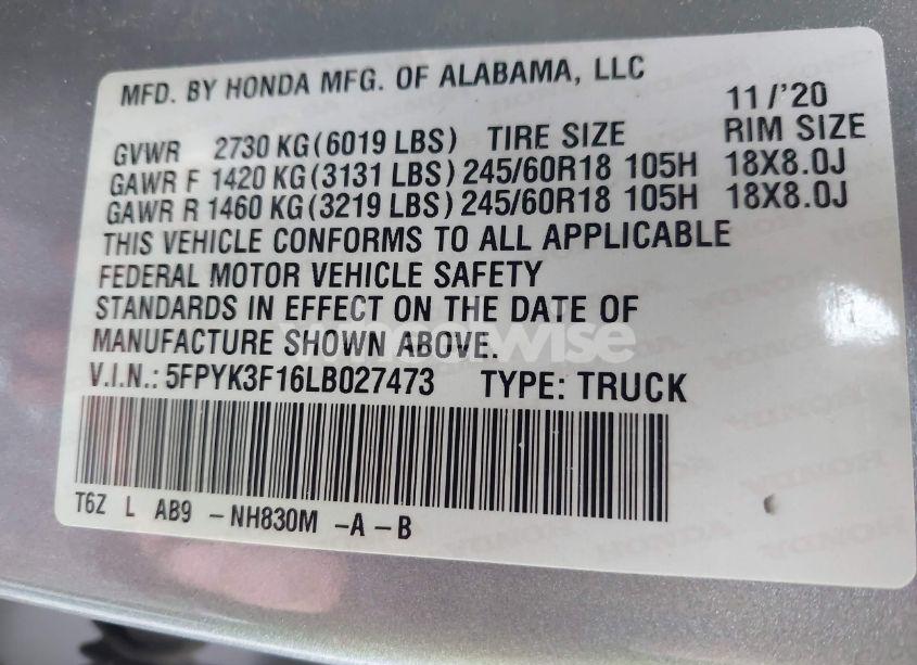 Photo 9 of 2020 Honda Ridgeline AWD SPORT (VIN 5FPYK3F16LB027473)