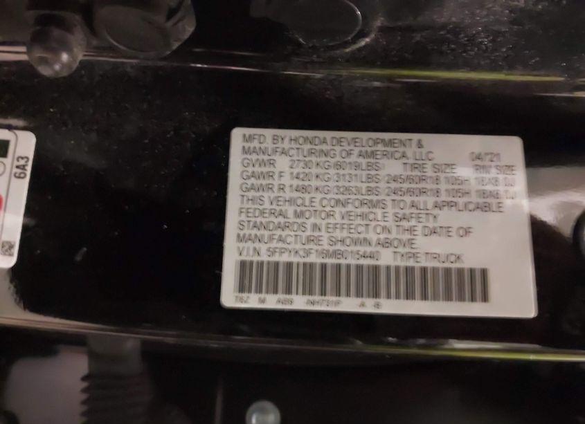 Photo 9 of 2021 Honda Ridgeline AWD SPORT (VIN 5FPYK3F16MB015440)
