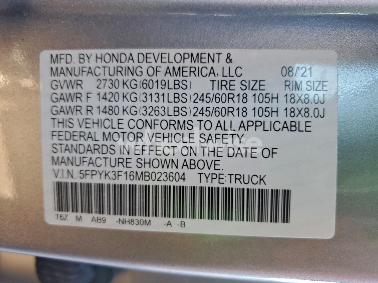Photo 12 of 2021 HONDA RIDGELINE SPORT (VIN 5FPYK3F16MB023604)