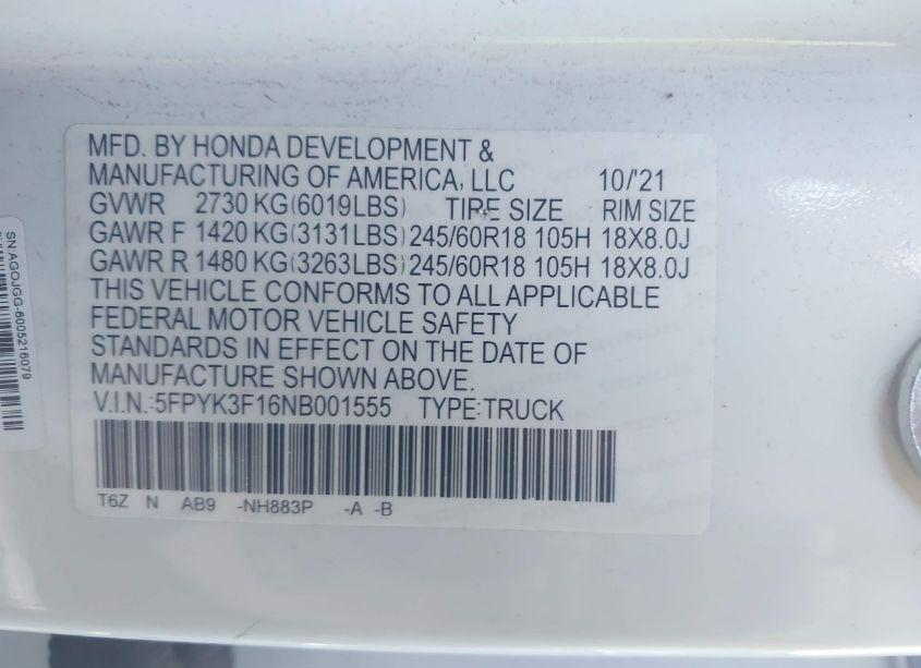 Photo 9 of 2022 Honda Ridgeline SPORT (VIN 5FPYK3F16NB001555)