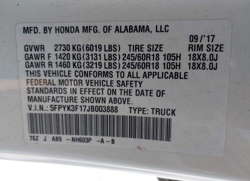 Photo 9 of 2018 Honda Ridgeline SPORT (VIN 5FPYK3F17JB003888)