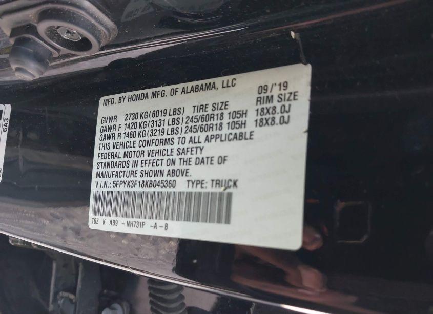 Photo 9 of 2019 Honda Ridgeline SPORT (VIN 5FPYK3F18KB045360)