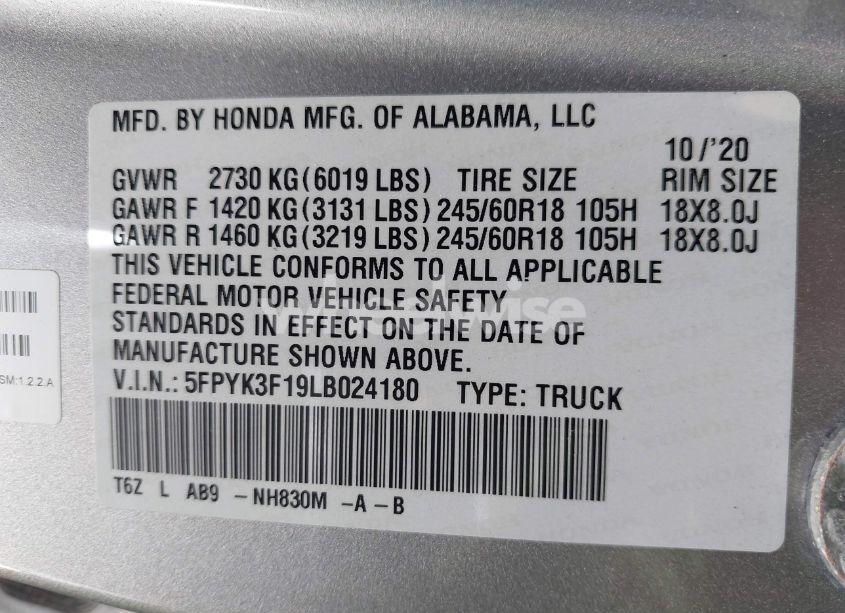 Photo 9 of 2020 Honda Ridgeline AWD SPORT (VIN 5FPYK3F19LB024180)