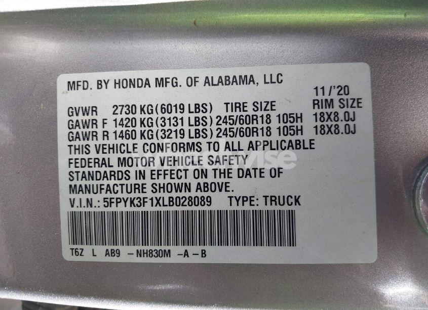 Photo 9 of 2020 Honda Ridgeline AWD SPORT (VIN 5FPYK3F1XLB028089)