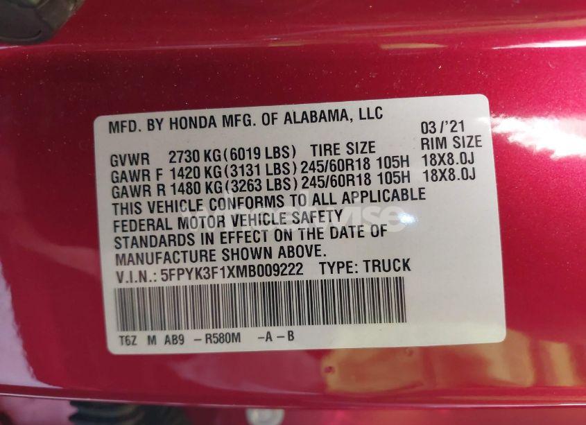 Photo 9 of 2021 Honda Ridgeline AWD SPORT (VIN 5FPYK3F1XMB009222)