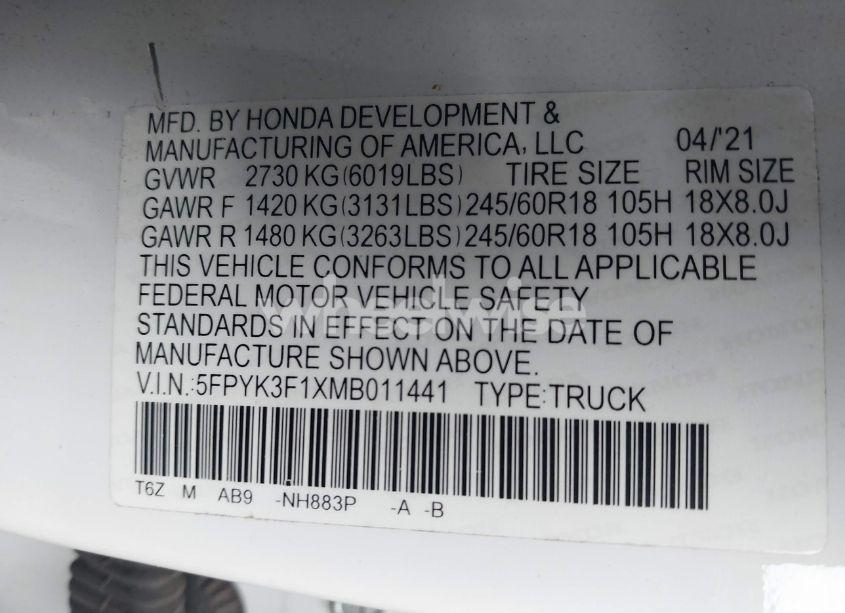 Photo 9 of 2021 Honda Ridgeline AWD SPORT (VIN 5FPYK3F1XMB011441)