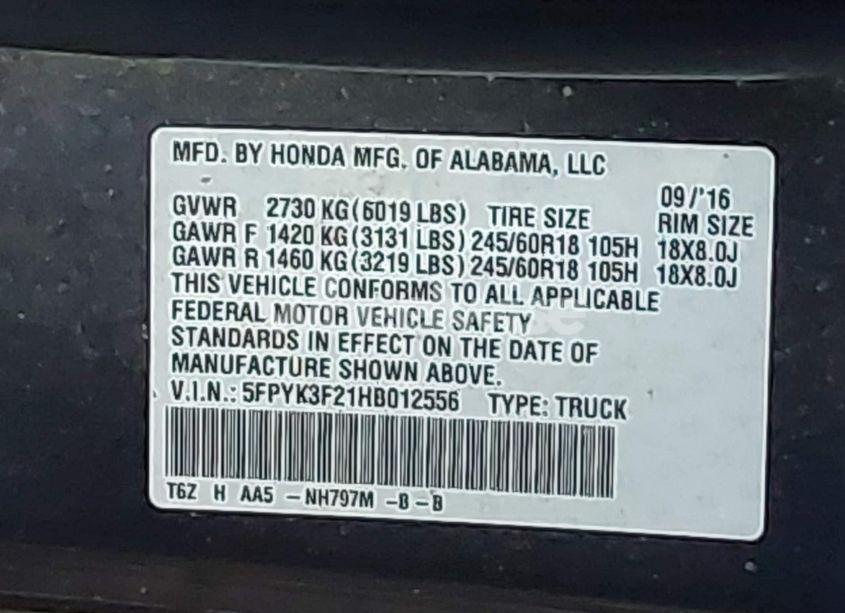 Photo 9 of 2017 Honda Ridgeline RT (VIN 5FPYK3F21HB012556)