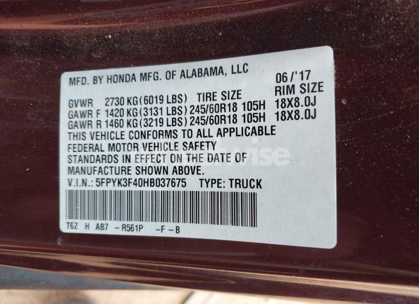 Photo 9 of 2017 Honda Ridgeline RTS (VIN 5FPYK3F40HB037675)