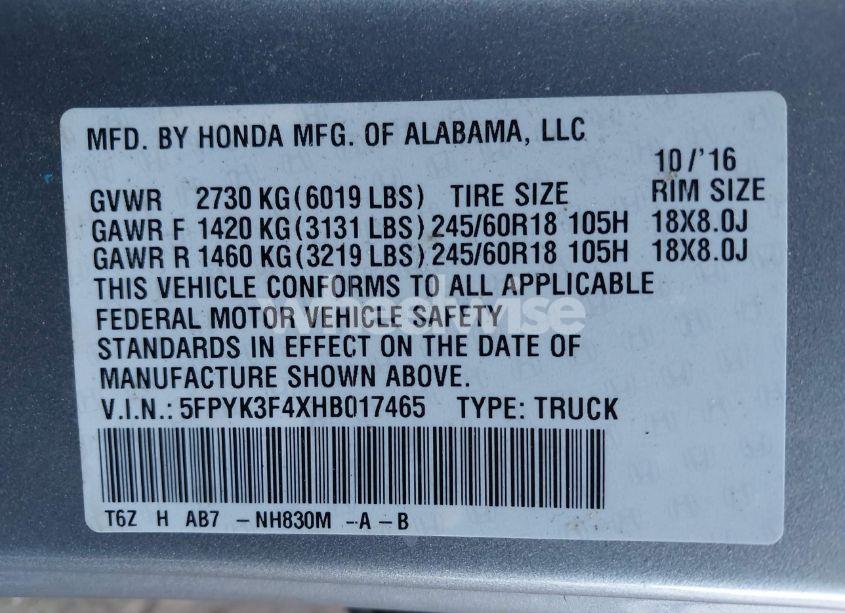 Photo 9 of 2017 Honda Ridgeline RTS (VIN 5FPYK3F4XHB017465)