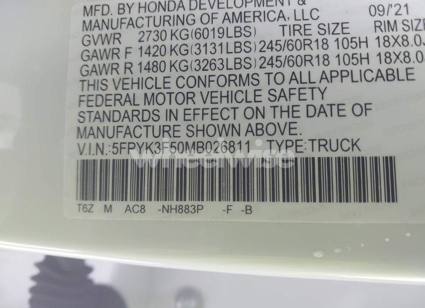 Photo 9 of 2021 Honda Ridgeline AWD RTL (VIN 5FPYK3F50MB026811)