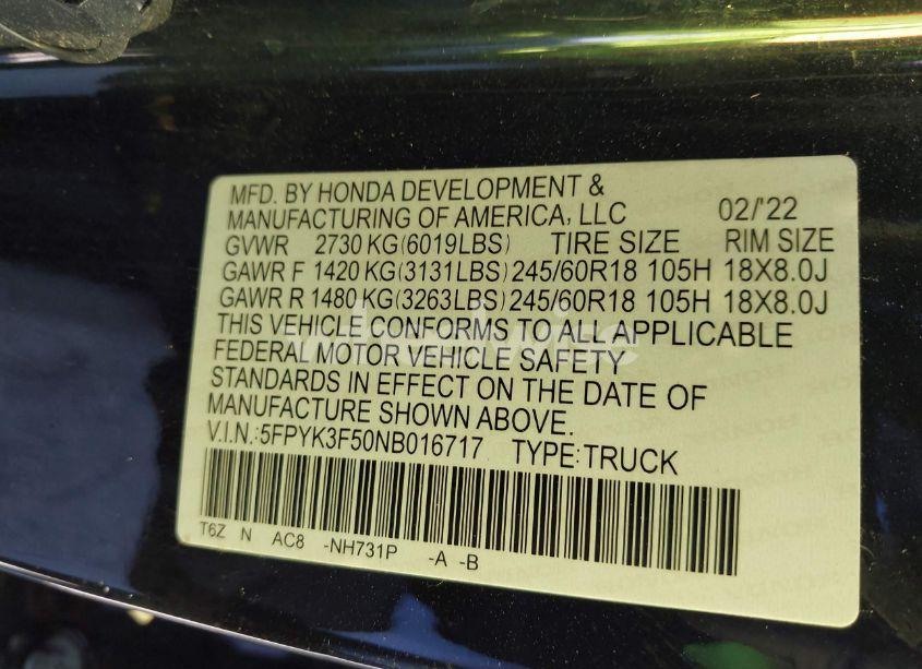 Photo 9 of 2022 Honda Ridgeline RTL (VIN 5FPYK3F50NB016717)