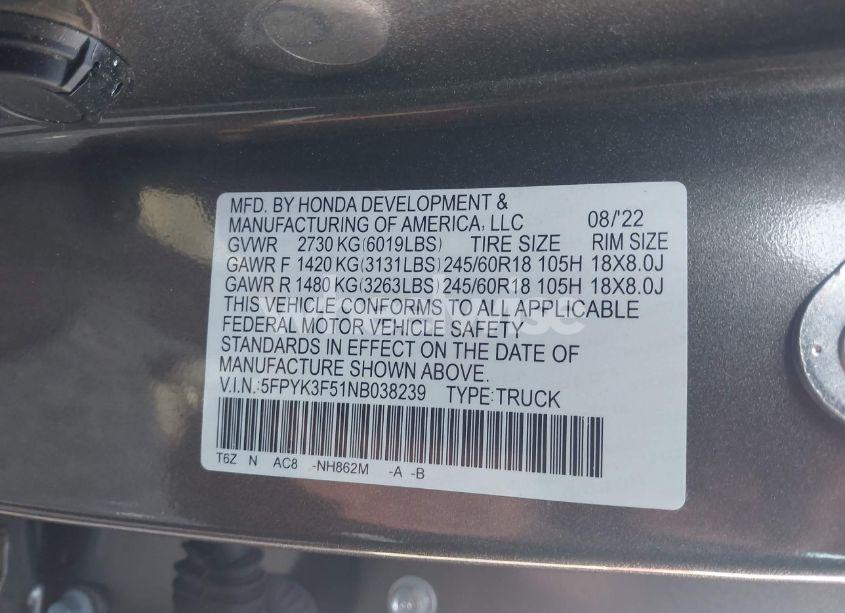 Photo 9 of 2022 Honda Ridgeline RTL (VIN 5FPYK3F51NB038239)