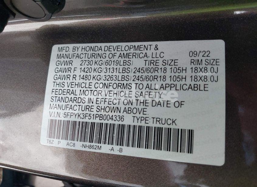 Photo 9 of 2023 Honda Ridgeline RTL (VIN 5FPYK3F51PB004336)