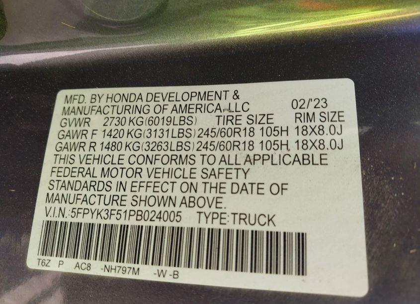 Photo 9 of 2023 Honda Ridgeline RTL (VIN 5FPYK3F51PB024005)