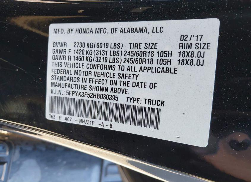 Photo 9 of 2017 Honda Ridgeline RTL (VIN 5FPYK3F52HB030395)