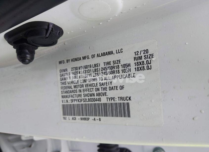 Photo 9 of 2020 Honda Ridgeline AWD RTL (VIN 5FPYK3F52LB030440)