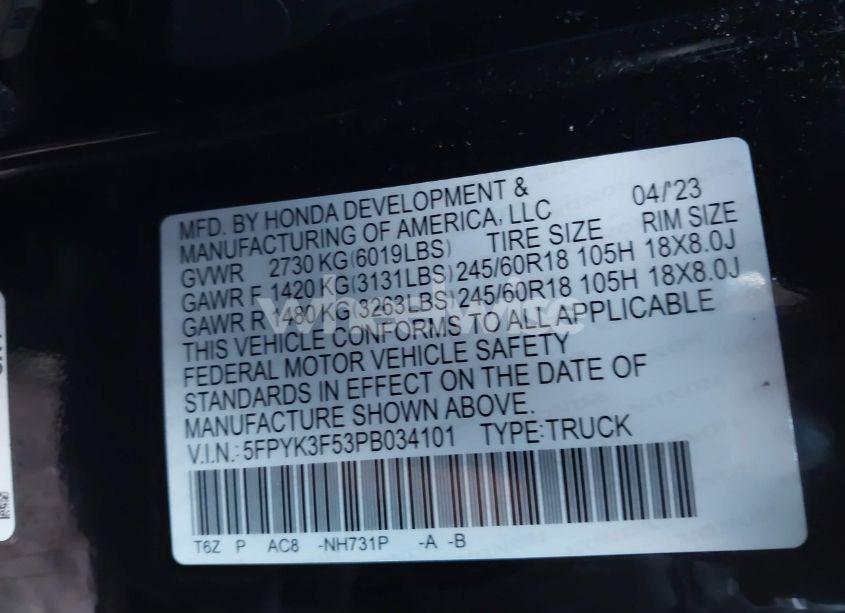 Photo 9 of 2023 Honda Ridgeline RTL (VIN 5FPYK3F53PB034101)