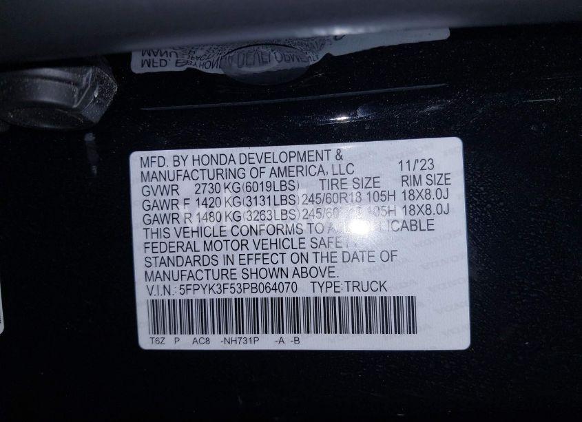 Photo 9 of 2023 Honda Ridgeline RTL (VIN 5FPYK3F53PB064070)