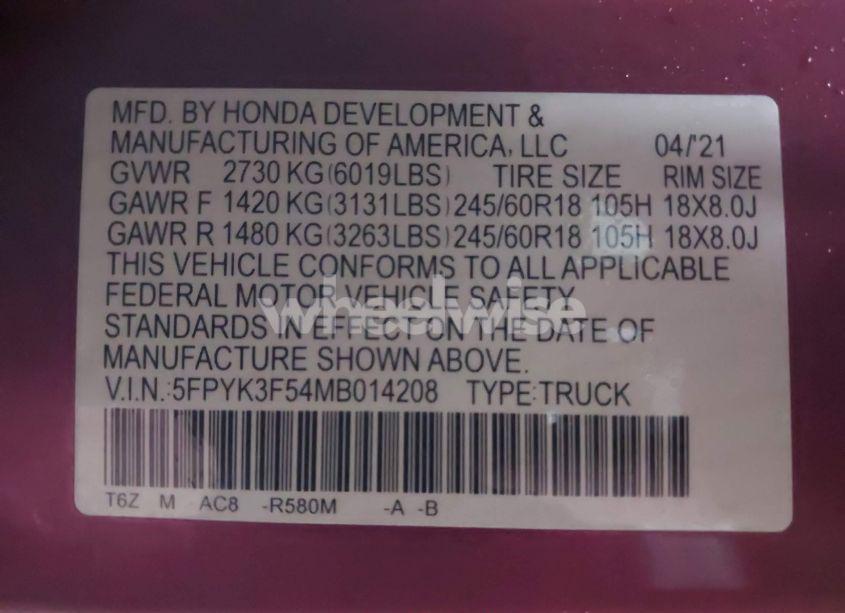 Photo 9 of 2021 Honda Ridgeline AWD RTL (VIN 5FPYK3F54MB014208)