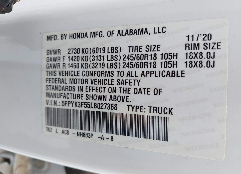 Photo 9 of 2020 Honda Ridgeline AWD RTL (VIN 5FPYK3F55LB027368)