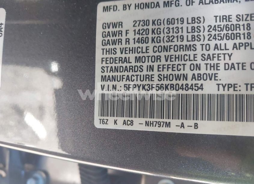 Photo 9 of 2019 Honda Ridgeline RTL (VIN 5FPYK3F56KB048454)