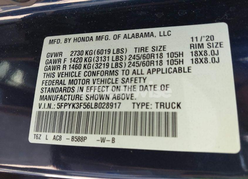 Photo 9 of 2020 Honda Ridgeline AWD RTL (VIN 5FPYK3F56LB028917)