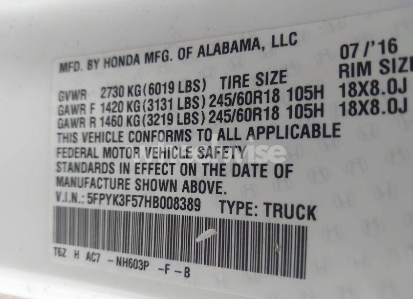 Photo 9 of 2017 Honda Ridgeline RTL (VIN 5FPYK3F57HB008389)