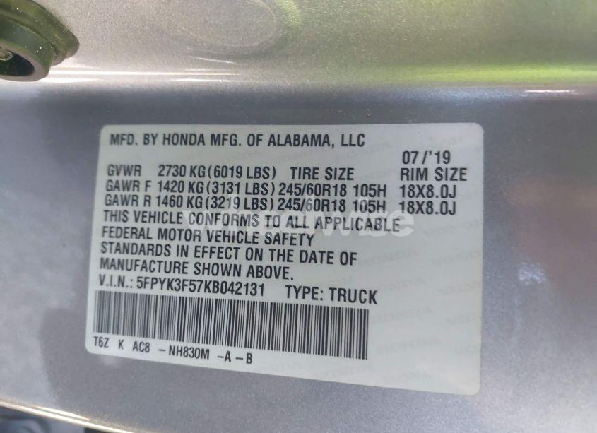 Photo 9 of 2019 Honda Ridgeline RTL (VIN 5FPYK3F57KB042131)